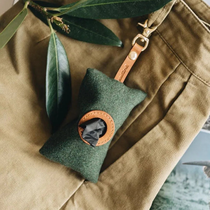 Portable dog poop bag hanging waist dispenser felt holder green grey 9x5x2cm