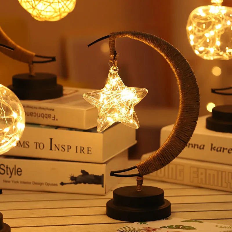 LED moon star copper wire lamp with glass pendant, 20 LED 2m string, USB or battery, 28x14x13cm