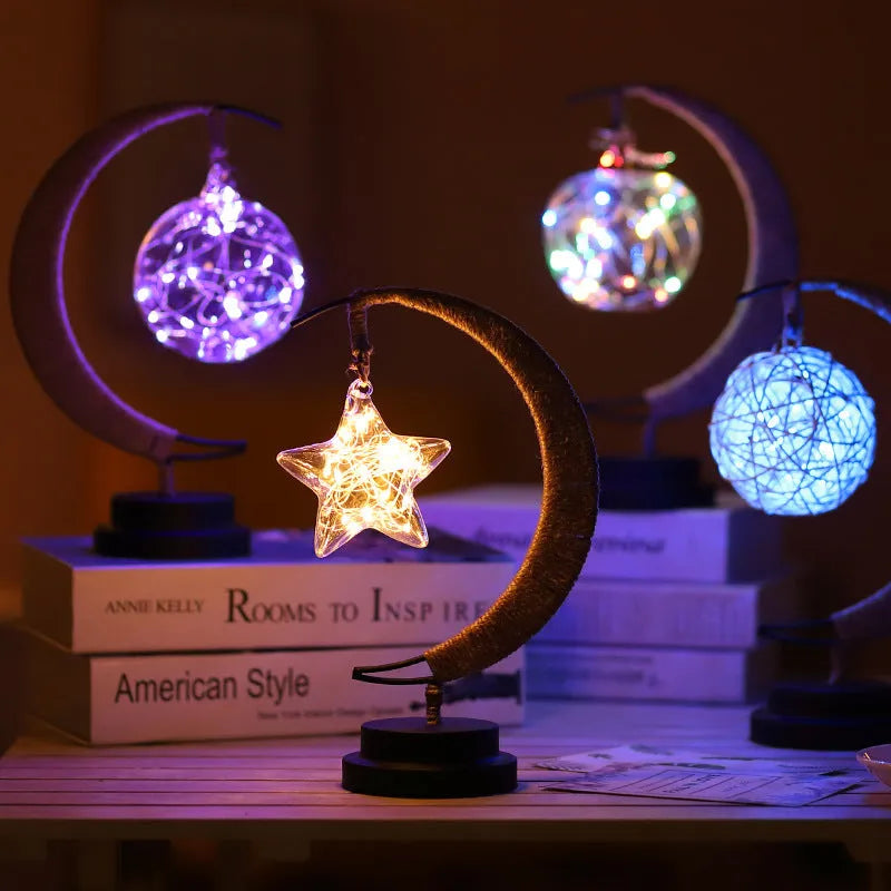 LED moon star copper wire lamp with glass pendant, 20 LED 2m string, USB or battery, 28x14x13cm