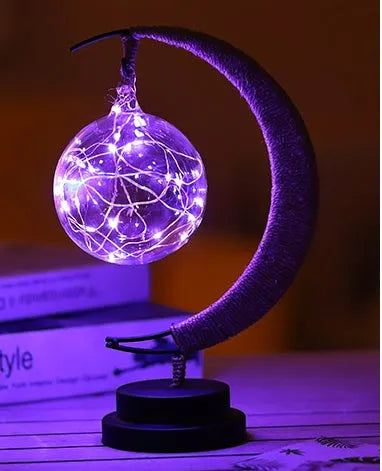 LED moon star copper wire lamp with glass pendant, 20 LED 2m string, USB or battery, 28x14x13cm