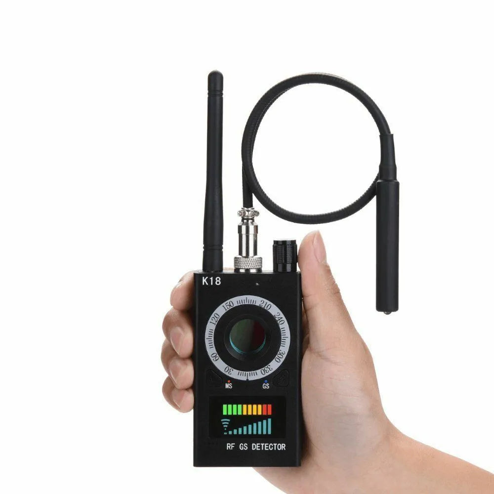 Black wireless signal detector with ABS and metal casing, 1-8000MHz, anti-sneak shooting and GPS anti-tracking function