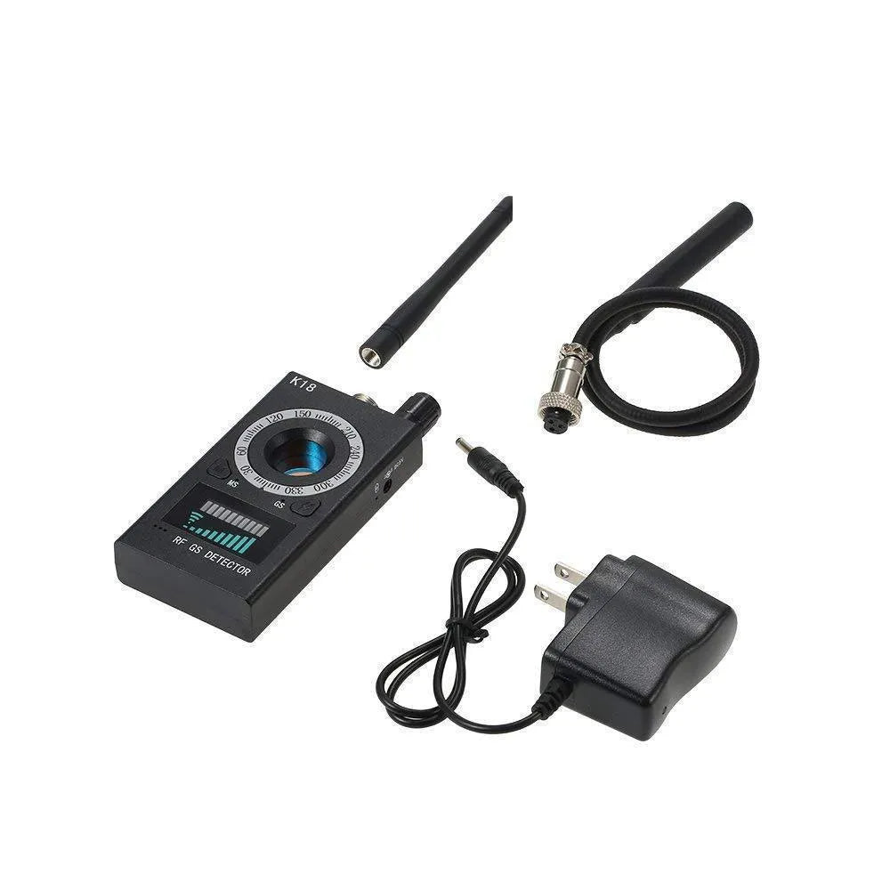 Black wireless signal detector with ABS and metal casing, 1-8000MHz, anti-sneak shooting and GPS anti-tracking function
