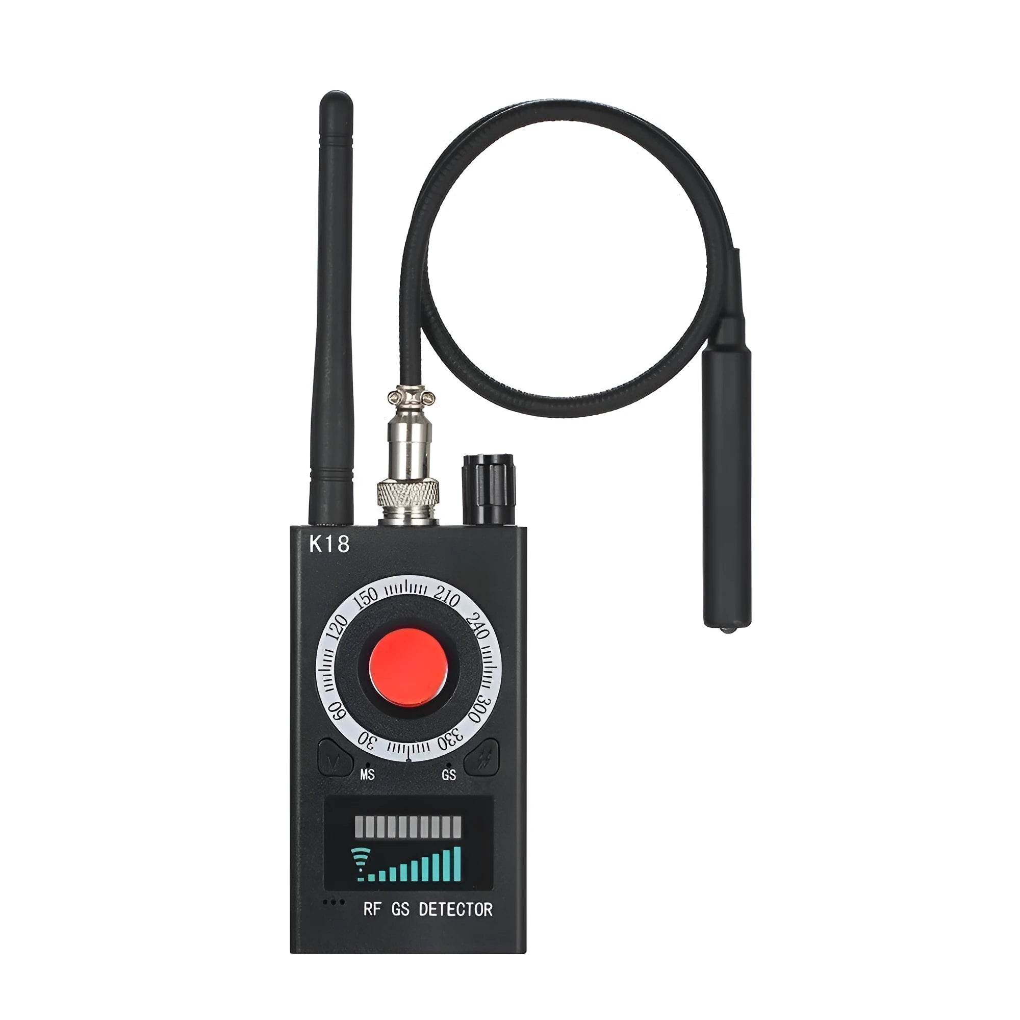Black wireless signal detector with ABS and metal casing, 1-8000MHz, anti-sneak shooting and GPS anti-tracking function