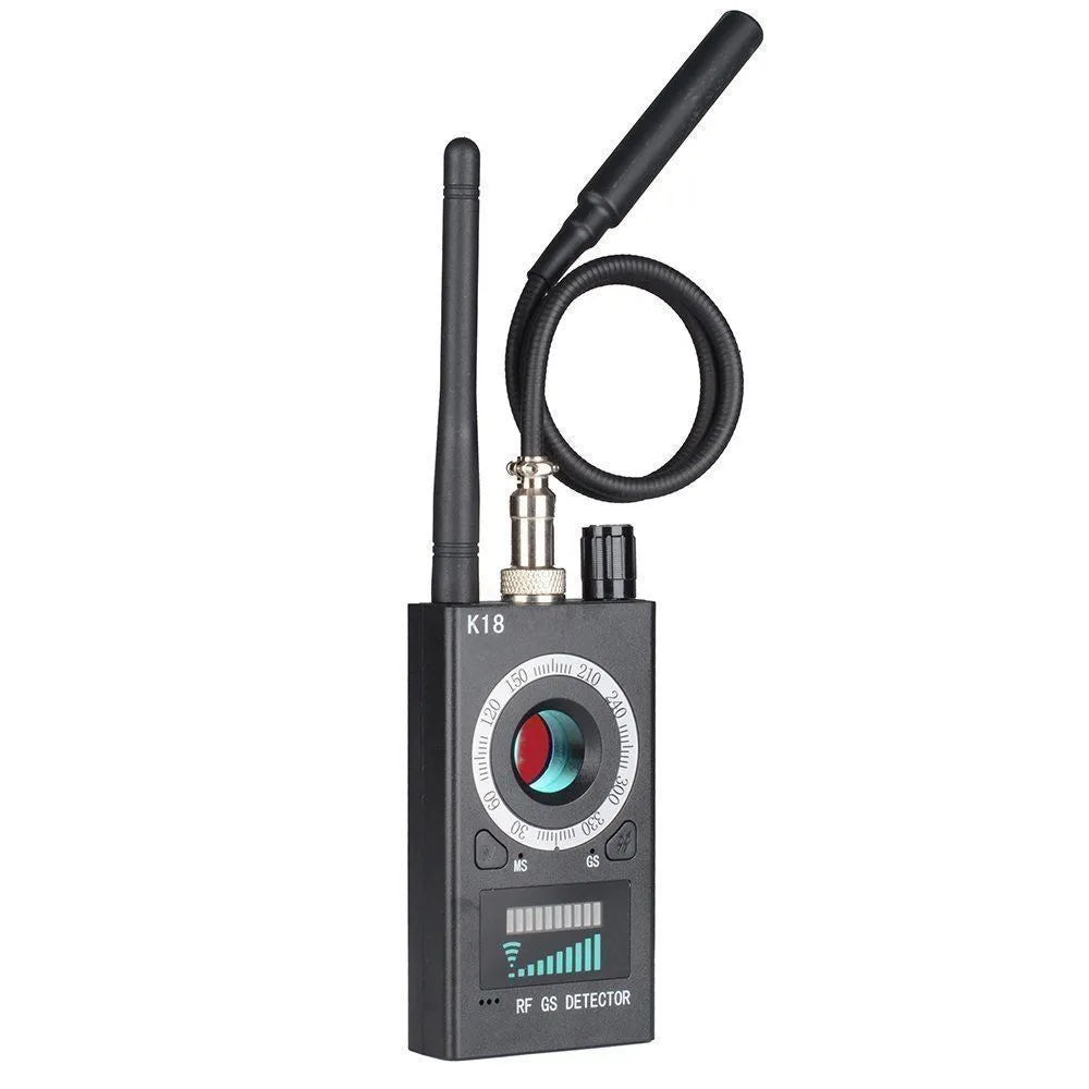 Black wireless signal detector with ABS and metal casing, 1-8000MHz, anti-sneak shooting and GPS anti-tracking function