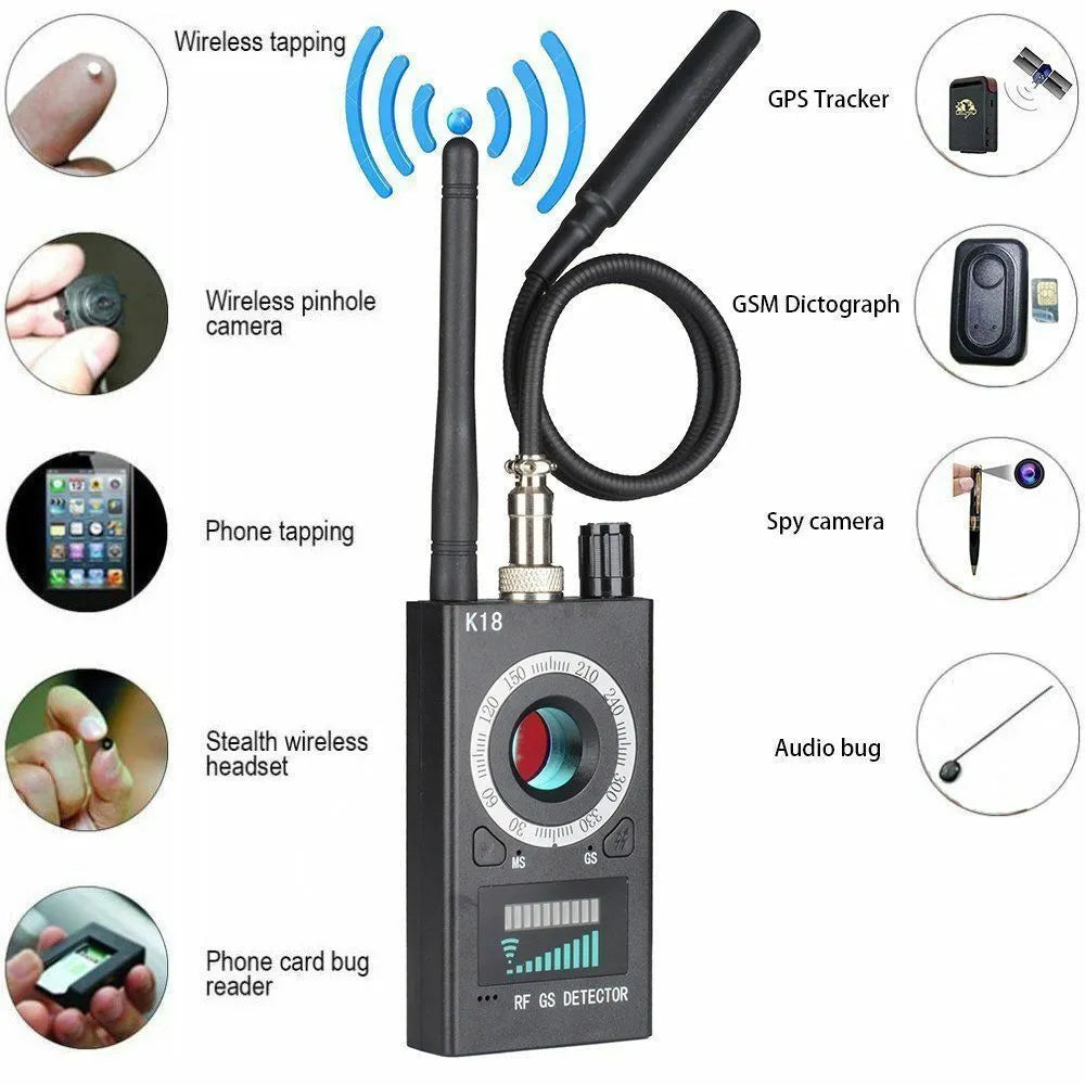 Black wireless signal detector with ABS and metal casing, 1-8000MHz, anti-sneak shooting and GPS anti-tracking function