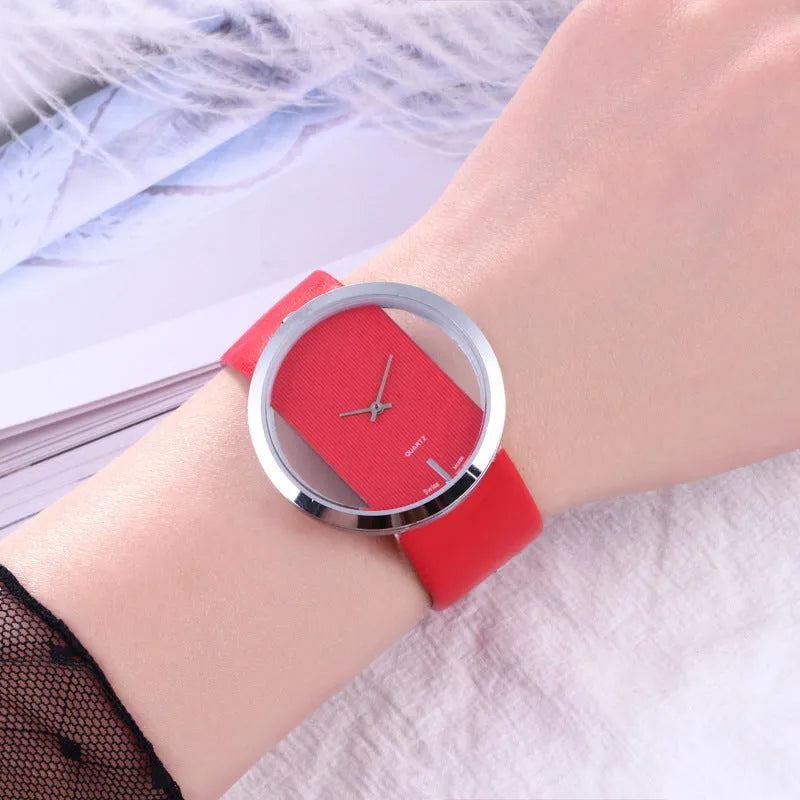 Quartz wrist watch for men and women with 4cm dial, 18cm leather strap, 2cm width, glass mirror, in Black Red or White