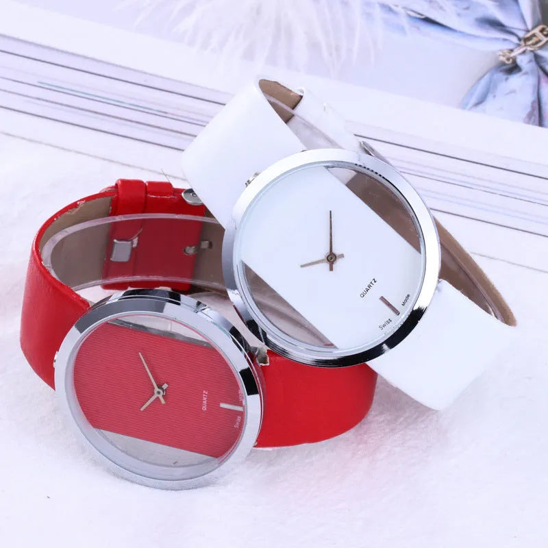 Quartz wrist watch for men and women with 4cm dial, 18cm leather strap, 2cm width, glass mirror, in Black Red or White