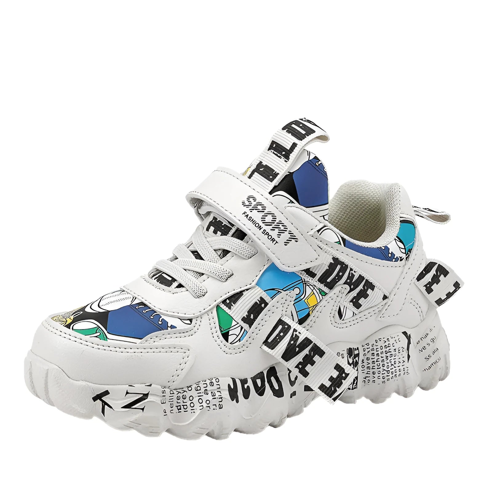 Kids sports sneakers with velcro fastening in beige blue, white red, and bright red colour options
