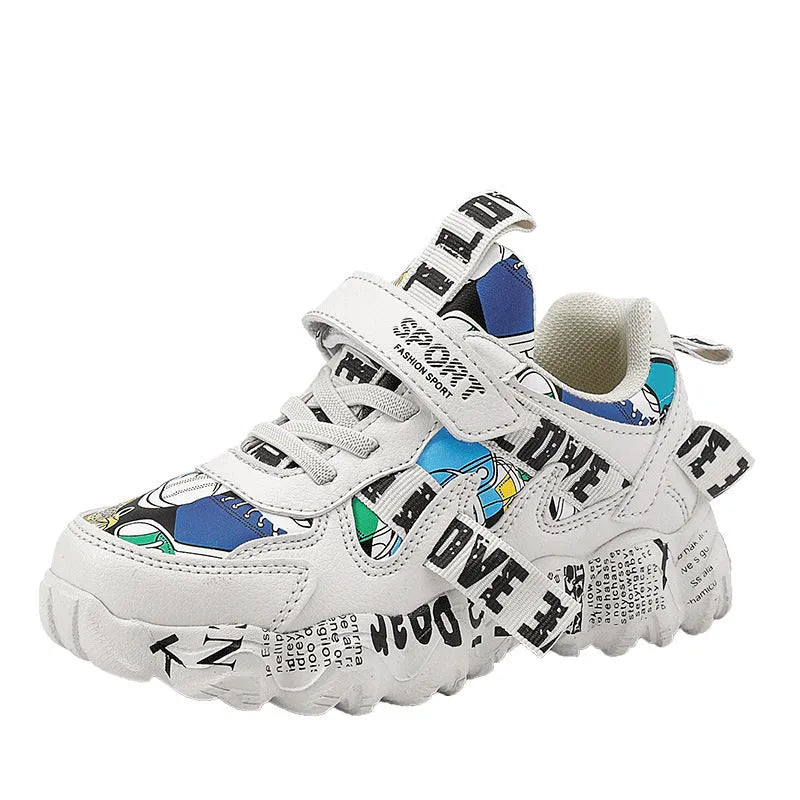 Kids sports sneakers with velcro fastening in beige blue, white red, and bright red colour options
