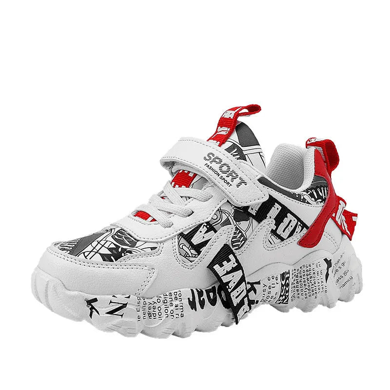 Kids sports sneakers with velcro fastening in beige blue, white red, and bright red colour options
