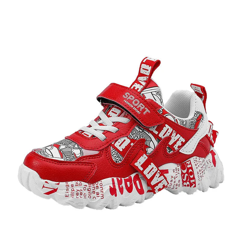 Kids sports sneakers with velcro fastening in beige blue, white red, and bright red colour options