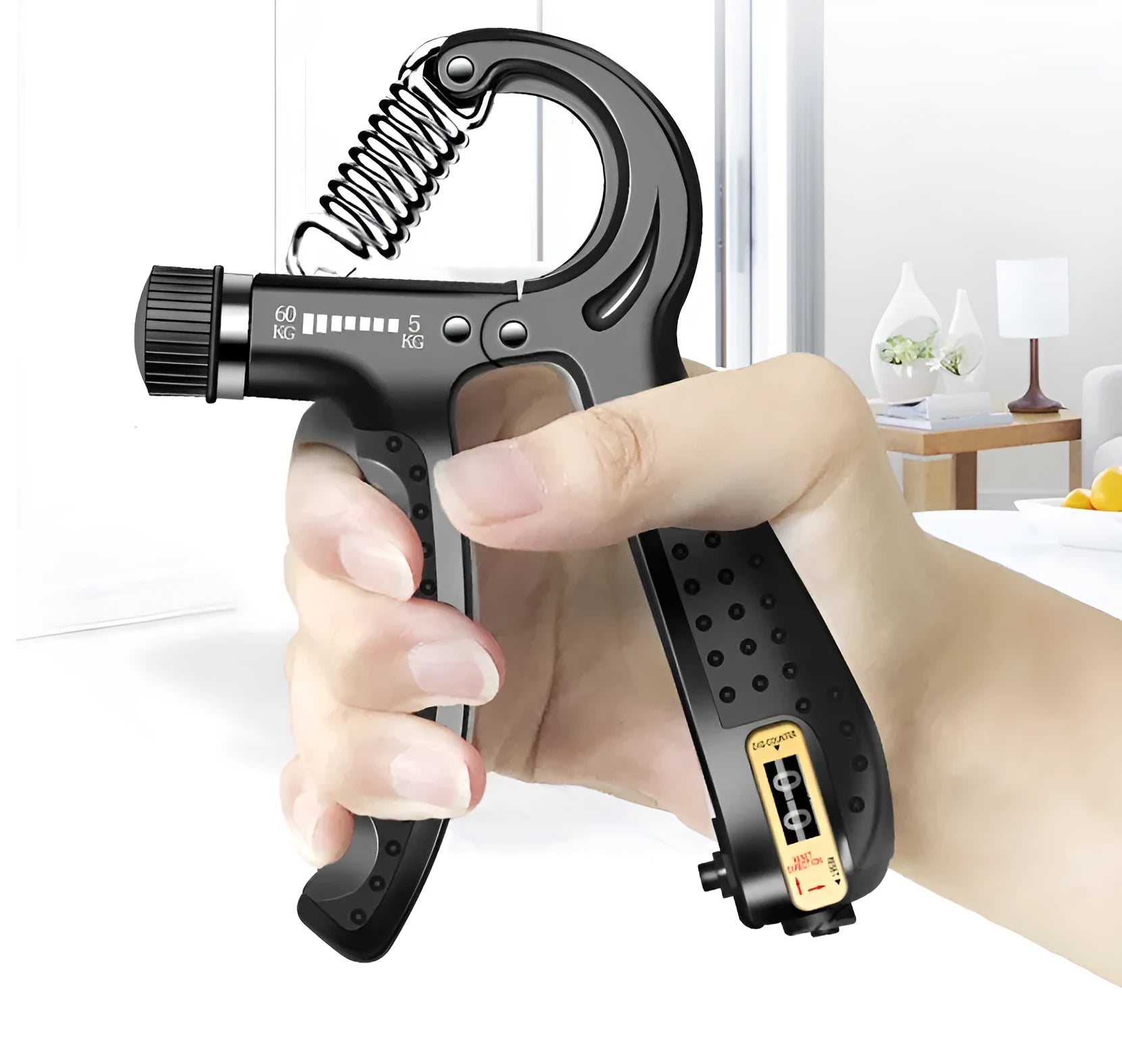 Black PP hand grip strength trainer measuring 11x2.5x17cm for men's home fitness