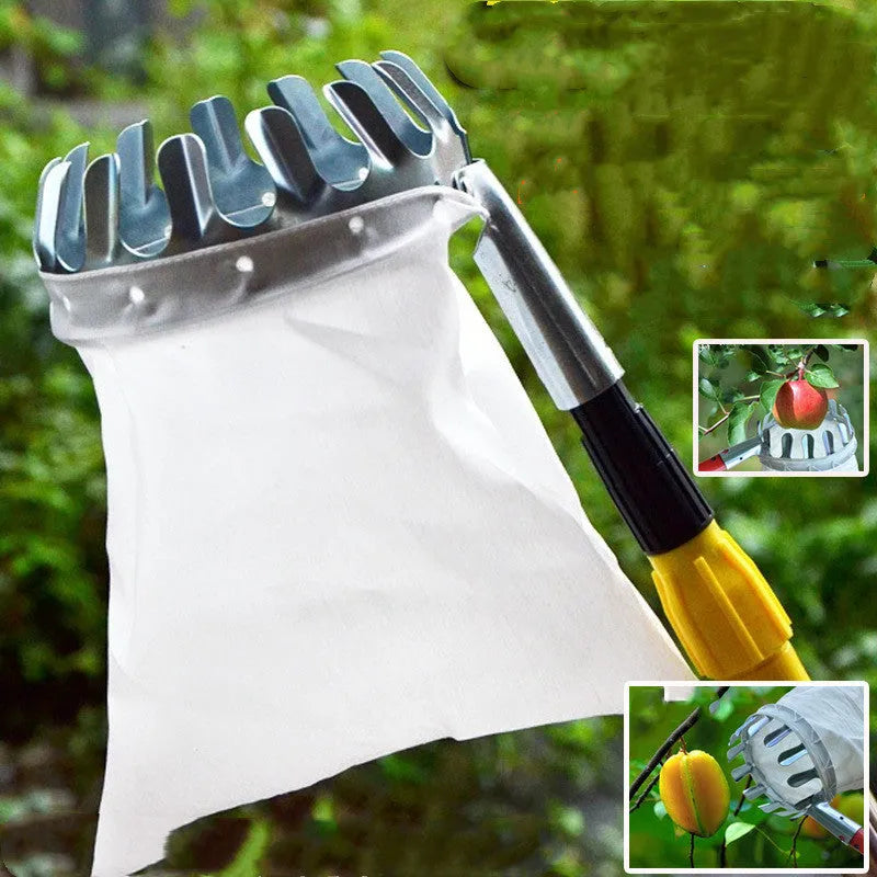 Steel frame fruit picker with cloth bag catcher for harvesting citrus, pears and peaches