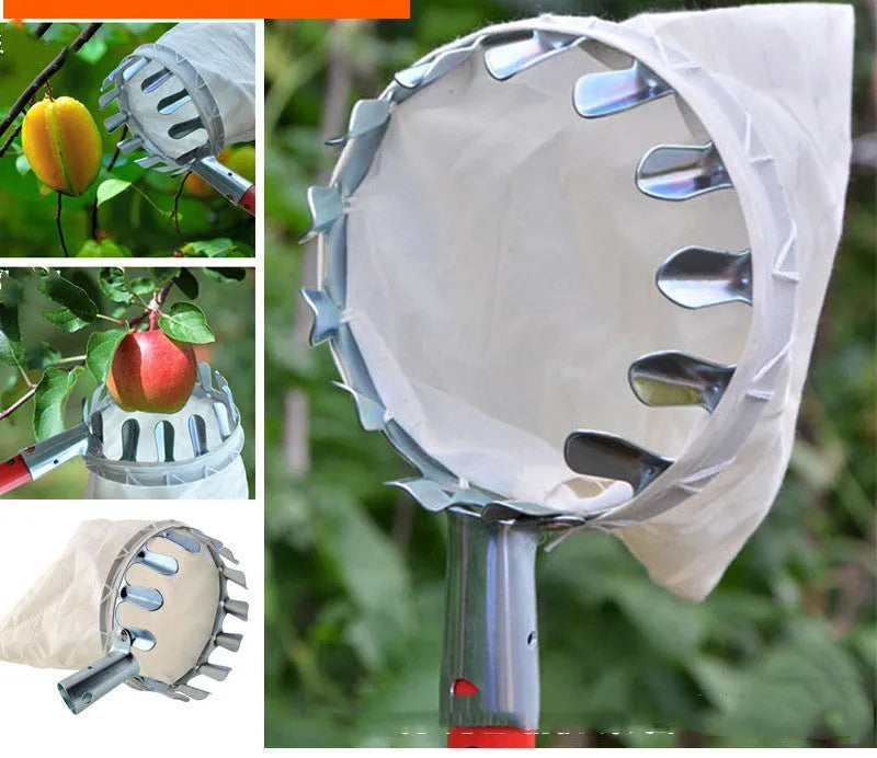 Steel frame fruit picker with cloth bag catcher for harvesting citrus, pears and peaches
