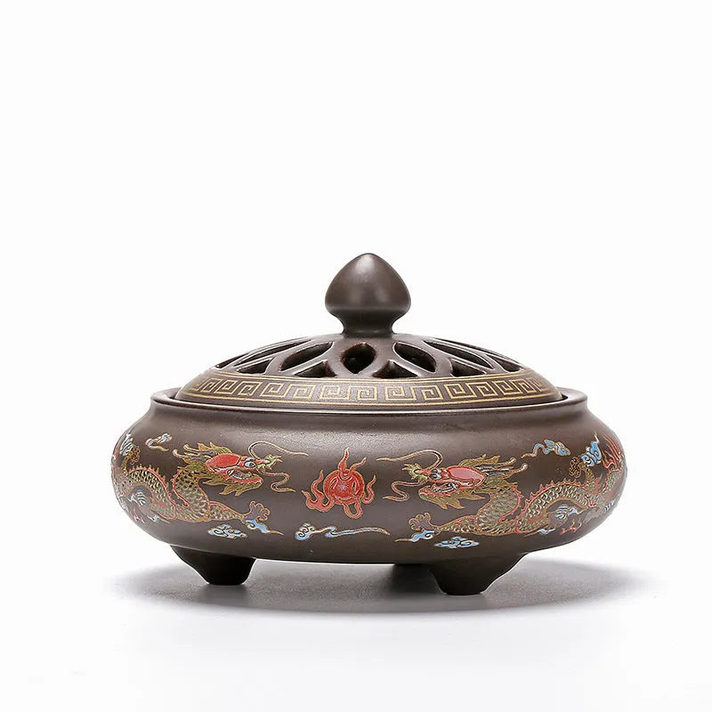 Handmade ceramic cloisonne incense burner with backward smoke channel in classic Dehua style