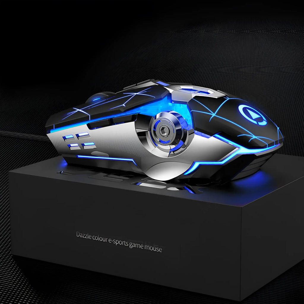 Black wired gaming mouse with 7 buttons, silent click, changeable backlight, and 140cm USB cable