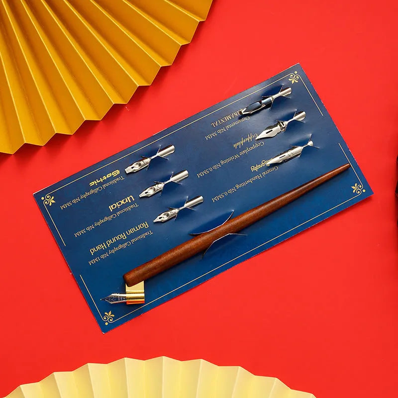Wood and resin calligraphy dip pen with straight and inclined holder and six stainless steel nibs