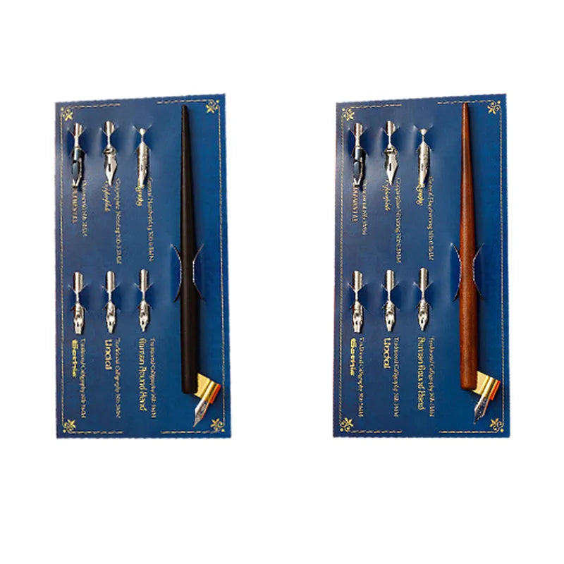 Wood and resin calligraphy dip pen with straight and inclined holder and six stainless steel nibs