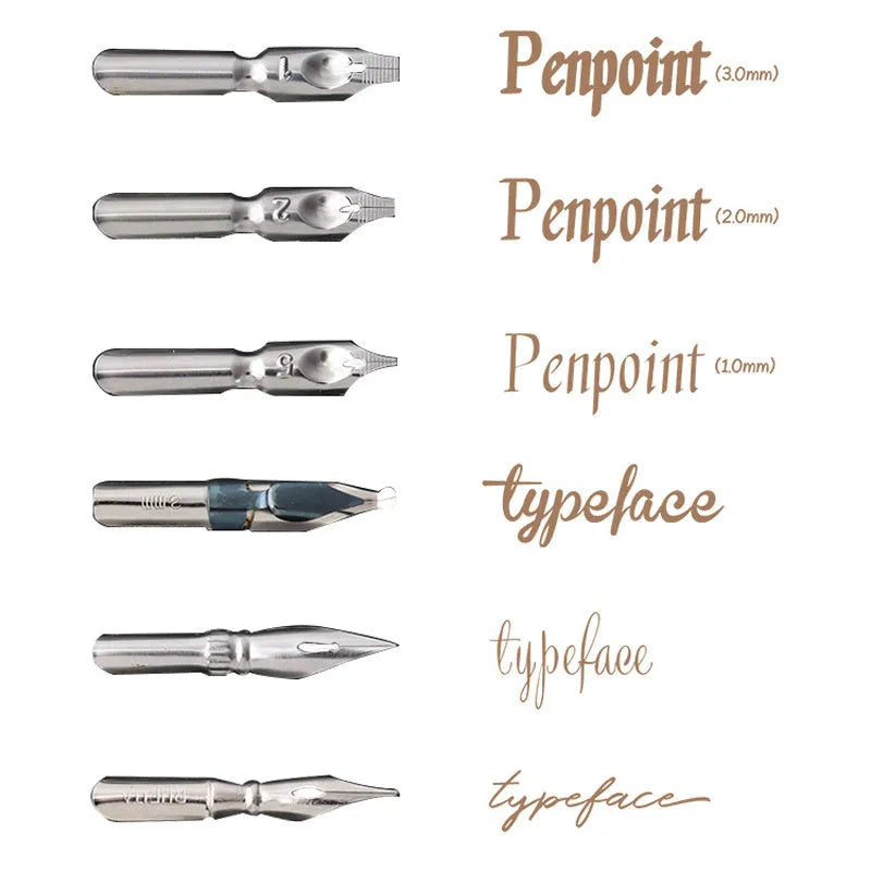 Wood and resin calligraphy dip pen with straight and inclined holder and six stainless steel nibs