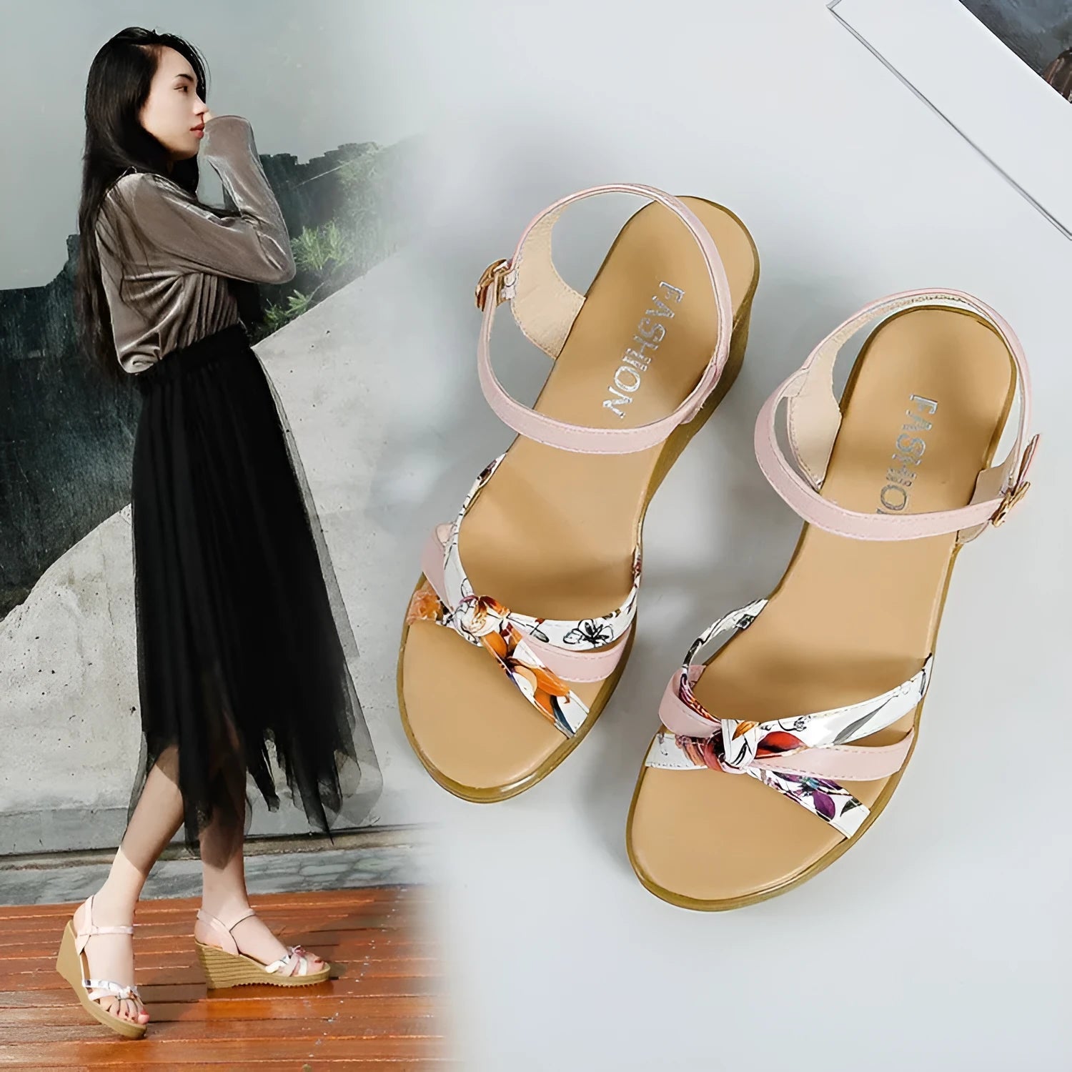 Pink women's wedge sandals with a fish mouth open toe and a thick non-slip heel.