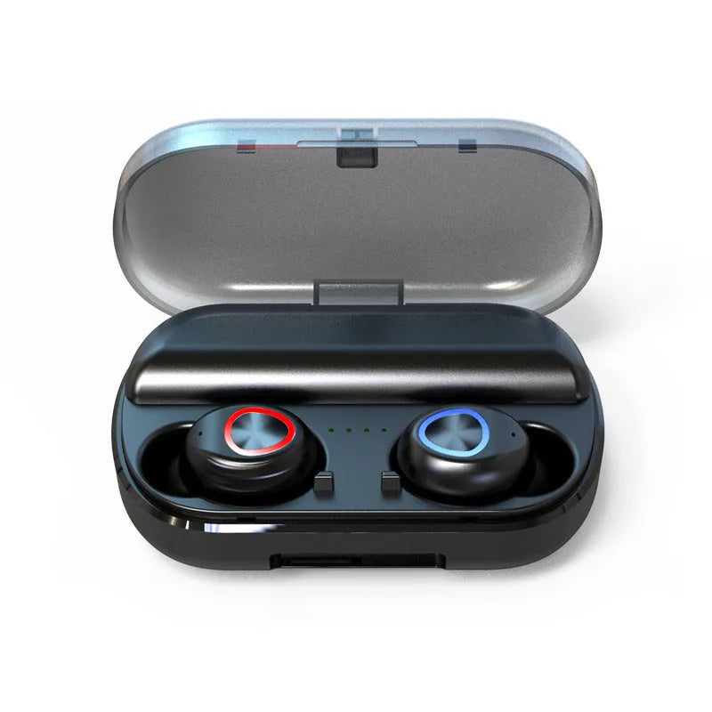 Black wireless Bluetooth sports headset with V8 shell earplug design showing battery display and call functions