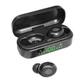 Black wireless Bluetooth sports headset with V8 shell earplug design showing battery display and call functions