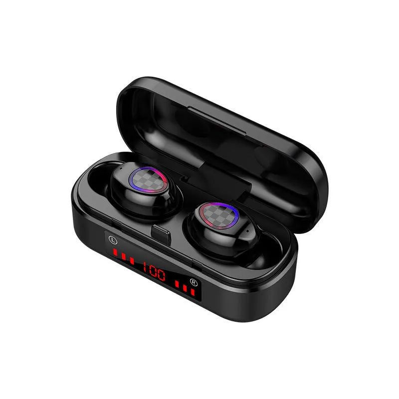 Black wireless Bluetooth sports headset with V8 shell earplug design showing battery display and call functions