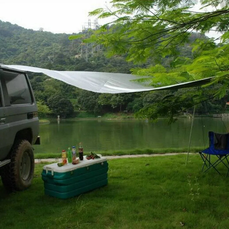 Green unity car side awning set up beside vehicle, 2.8m long 1.8m wide aluminium pole structure