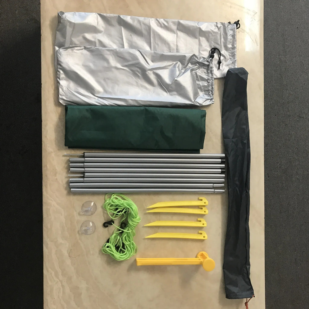 Green unity car side awning set up beside vehicle, 2.8m long 1.8m wide aluminium pole structure