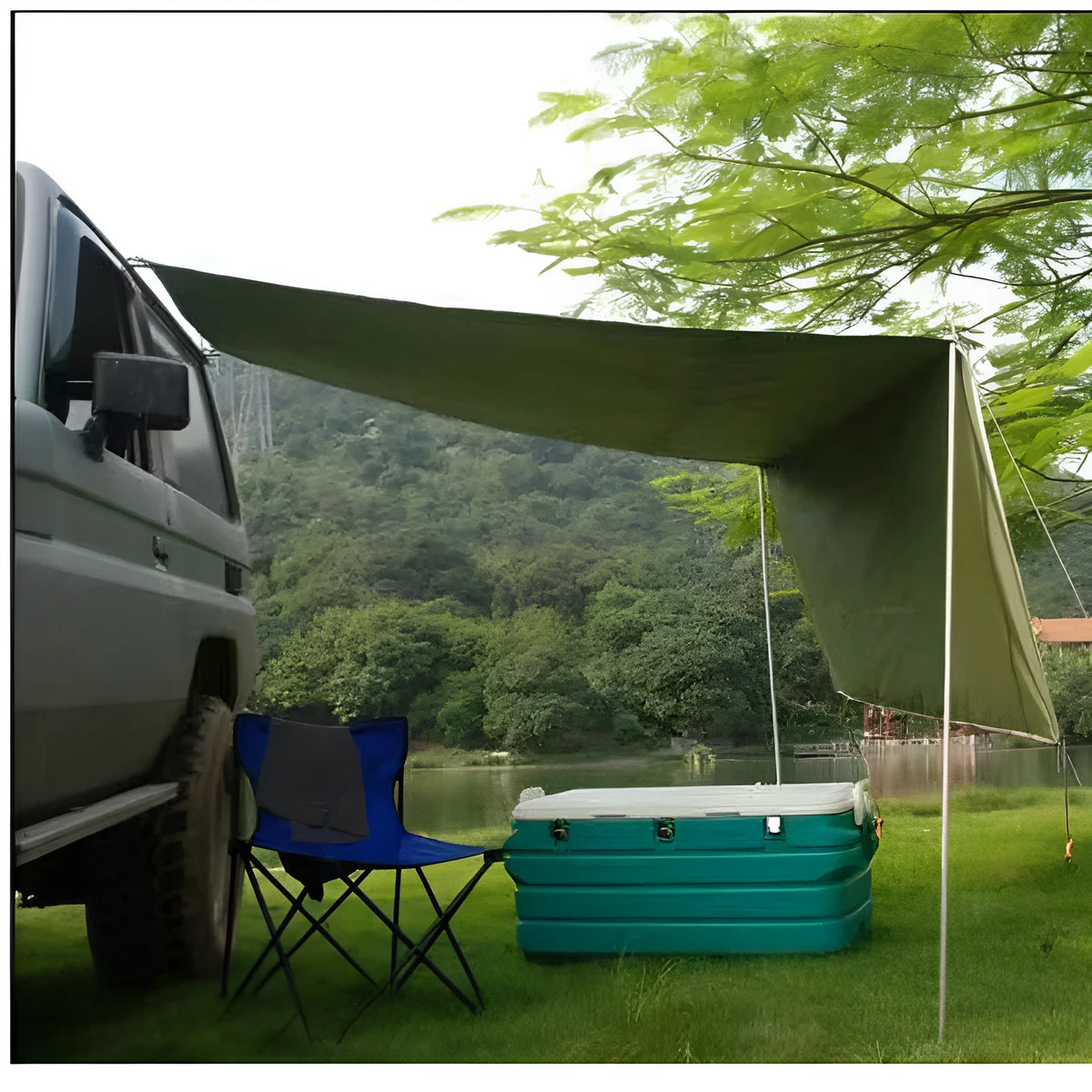 Green unity car side awning set up beside vehicle, 2.8m long 1.8m wide aluminium pole structure