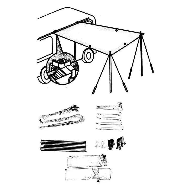Green unity car side awning set up beside vehicle, 2.8m long 1.8m wide aluminium pole structure