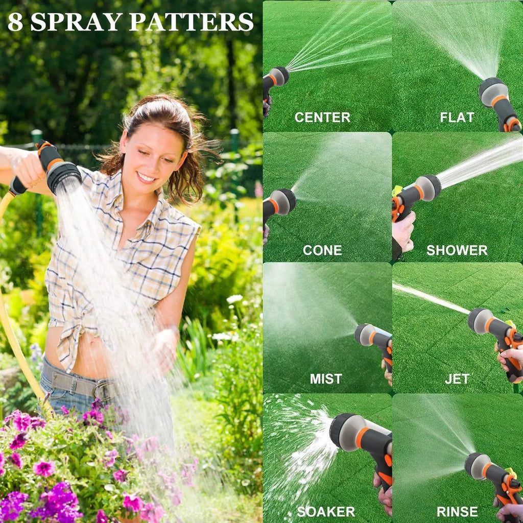 Green metal garden spray gun with sprinkler attachment for watering and cleaning