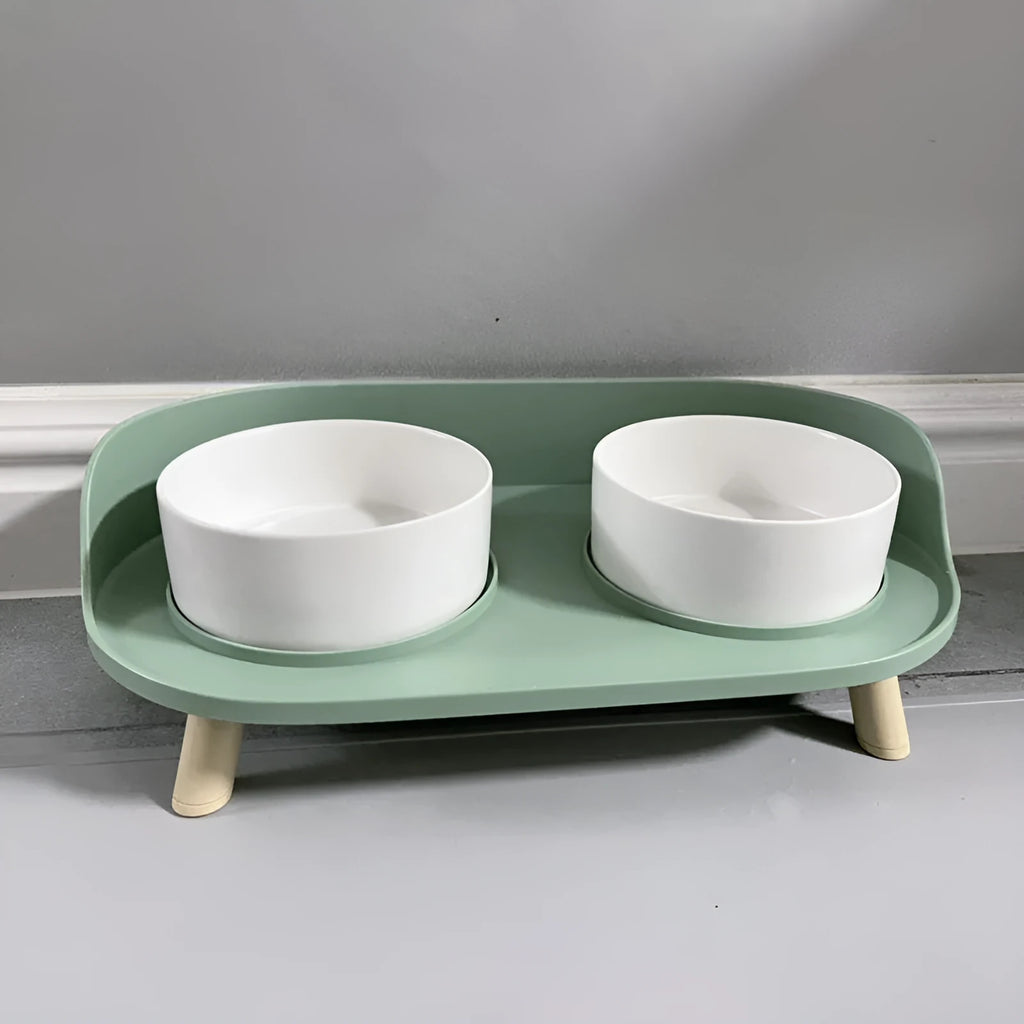 Ceramic double bowl set for cats and small dogs in gray-green, raised design protects cervical vertebrae