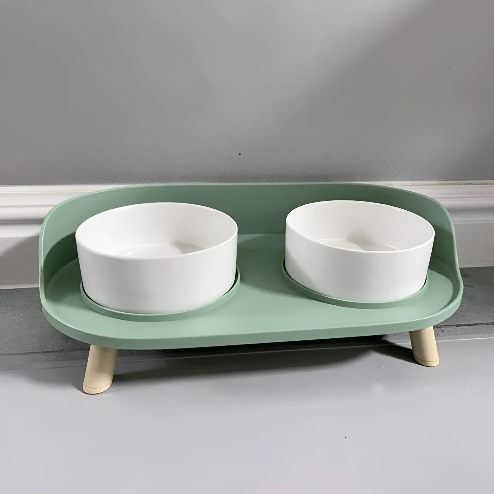 Ceramic double bowl set for cats and small dogs in gray-green, raised design protects cervical vertebrae