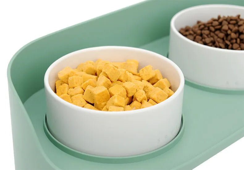 Ceramic double bowl set for cats and small dogs in gray-green, raised design protects cervical vertebrae