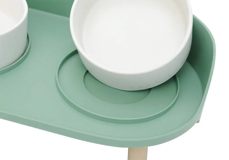 Ceramic double bowl set for cats and small dogs in gray-green, raised design protects cervical vertebrae
