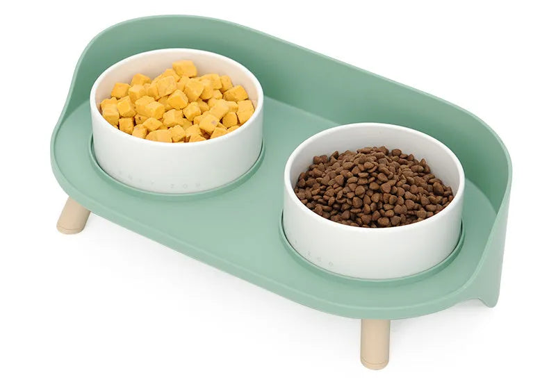 Ceramic double bowl set for cats and small dogs in gray-green, raised design protects cervical vertebrae