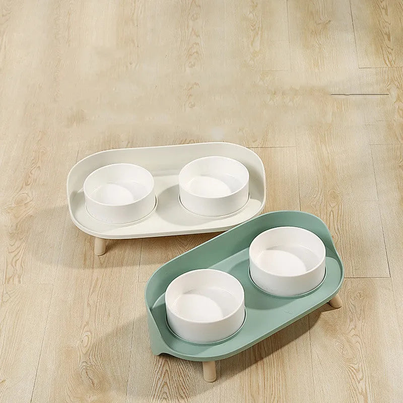 Ceramic double bowl set for cats and small dogs in gray-green, raised design protects cervical vertebrae