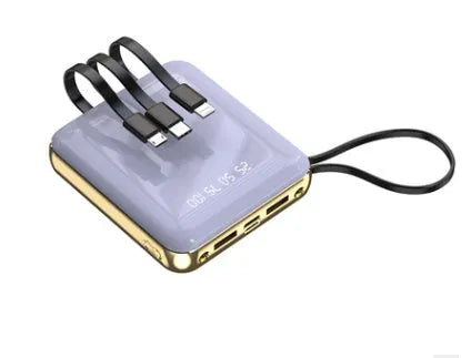 Four-wire power bank with digital display showing battery percentage, available in multiple colours