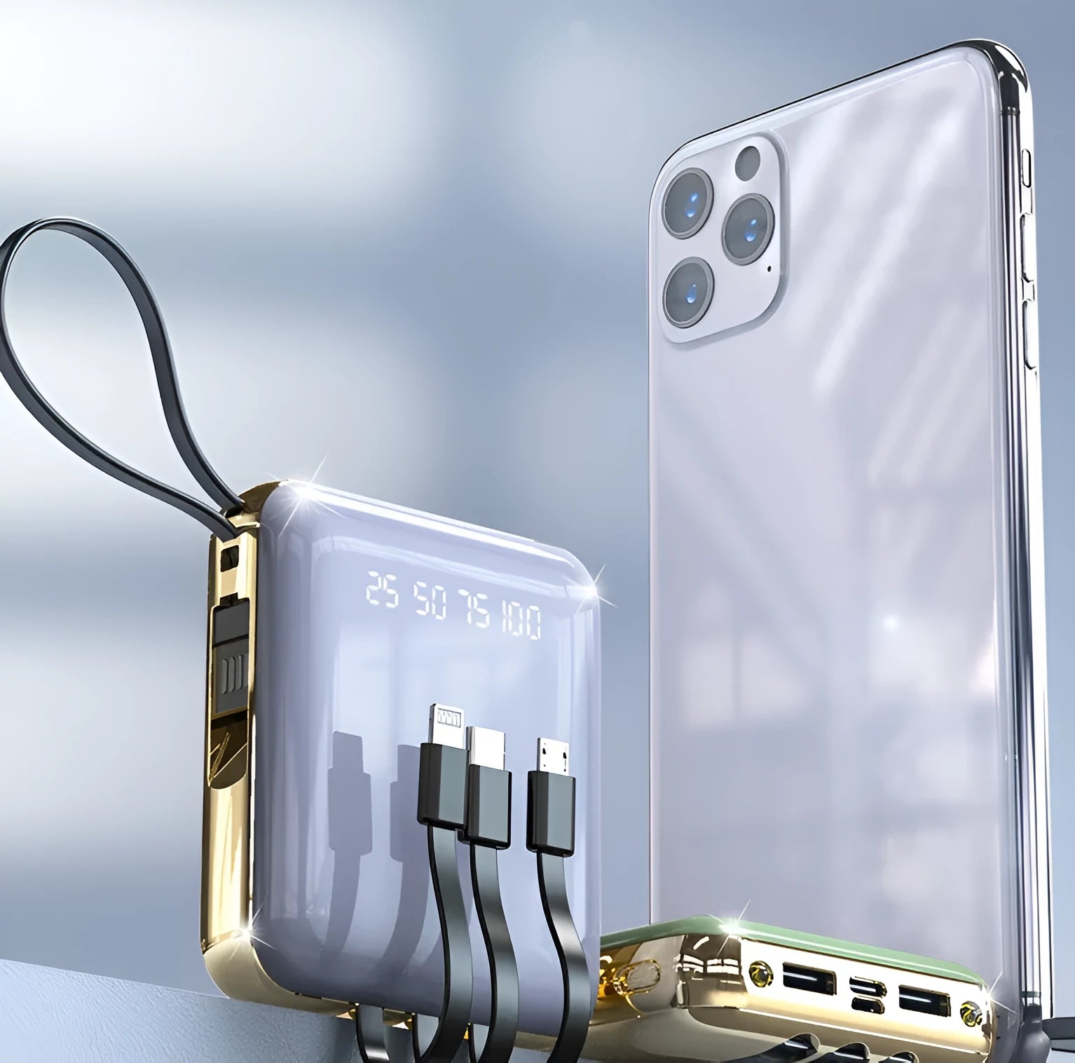 Four-wire power bank with digital display showing battery percentage, available in multiple colours