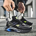 Men's black or white running shoes with Flying Weave upper, front tie, and thick TPU popcorn sole, sizes 39-44.