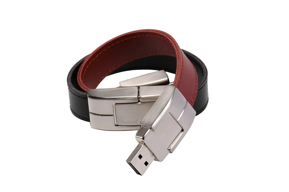 Leather case USB flash drive in black with USB connector exposed, custom LOGO area visible