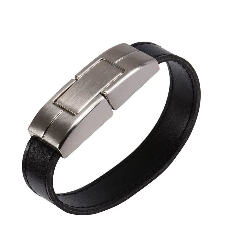 Leather case USB flash drive in black with USB connector exposed, custom LOGO area visible