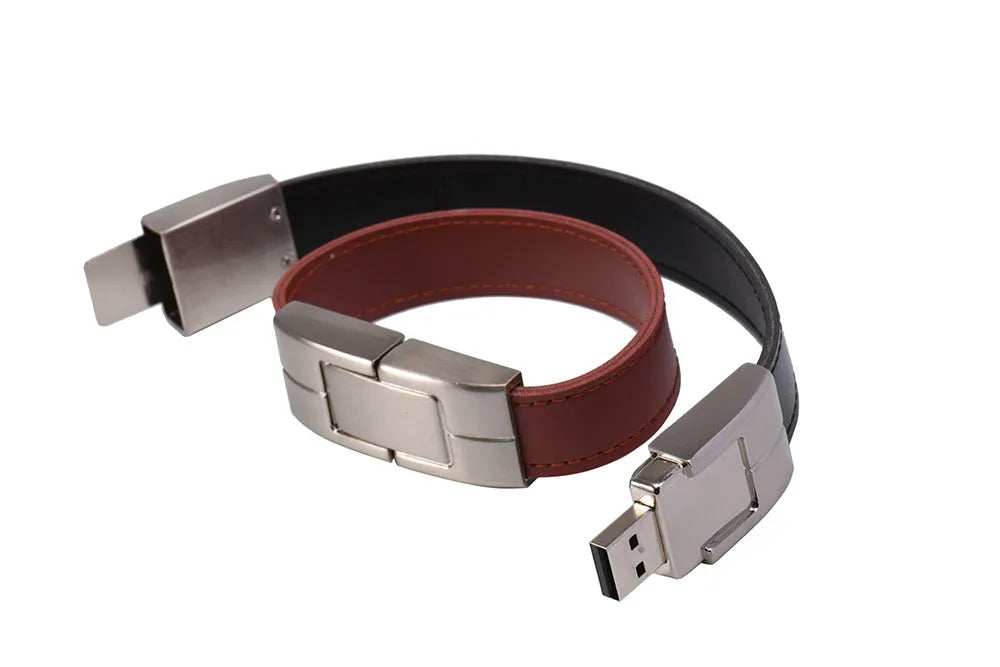 Leather case USB flash drive in black with USB connector exposed, custom LOGO area visible