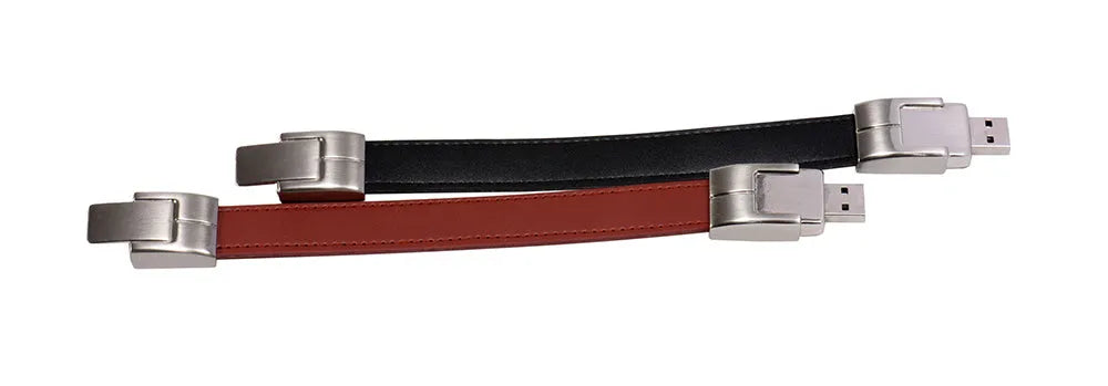 Leather case USB flash drive in black with USB connector exposed, custom LOGO area visible