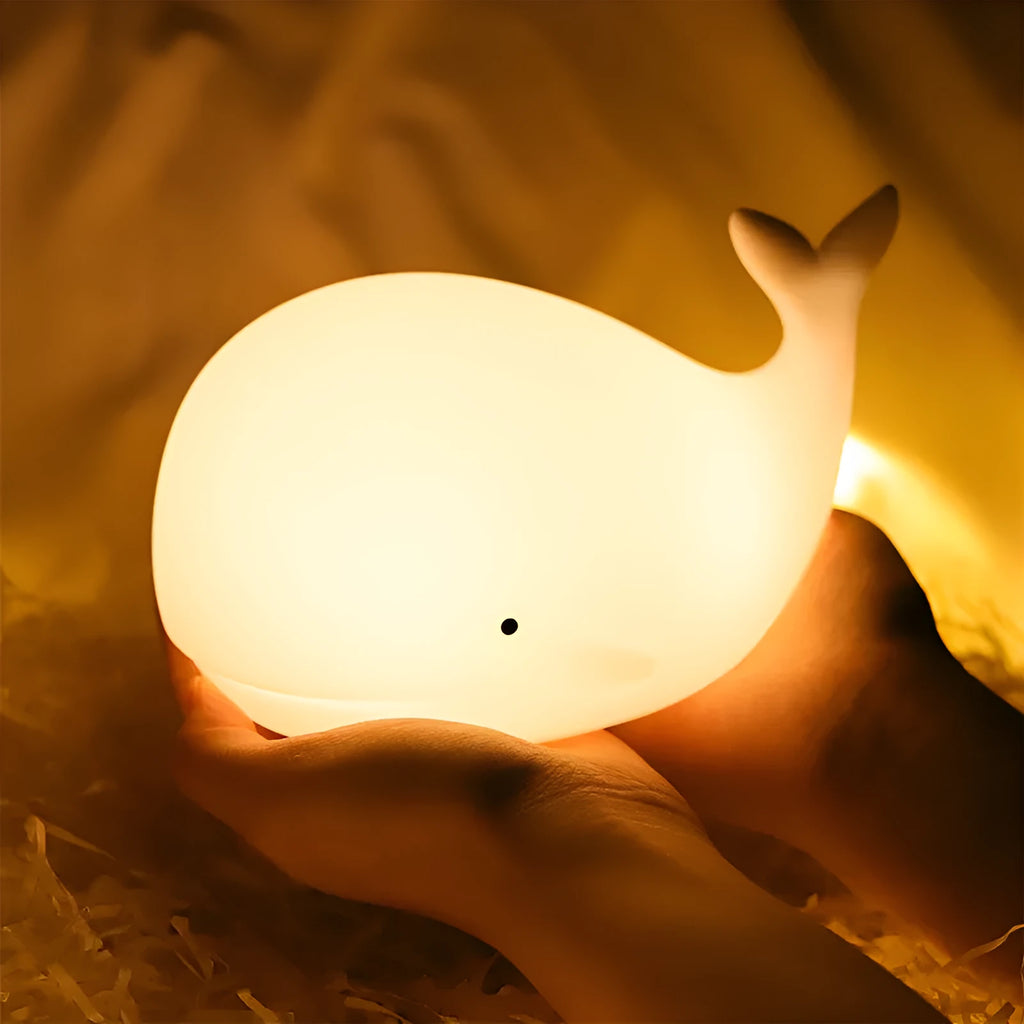White dolphin night light with 7 colour effects, rechargeable 800mAh battery, Micro USB charging, tap control.