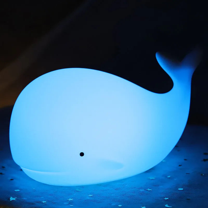 White dolphin night light with 7 colour effects, rechargeable 800mAh battery, Micro USB charging, tap control.