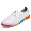 Women's pointed-toe cow split leather flat shoes with low 1-3cm heel in white, black, orange, and blue