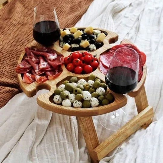 Portable wooden foldable table, 30 cm by 16 cm, wood colour, for wine glasses and snacks