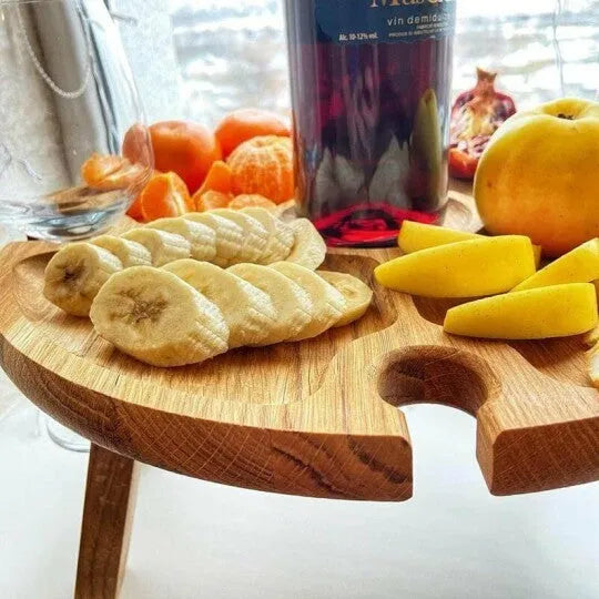 Portable wooden foldable table, 30 cm by 16 cm, wood colour, for wine glasses and snacks